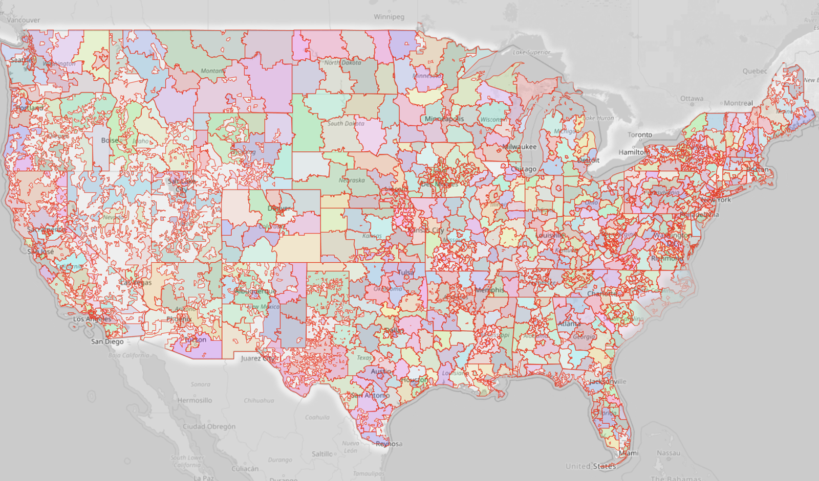 3 digit zip postal code boundary US map wide