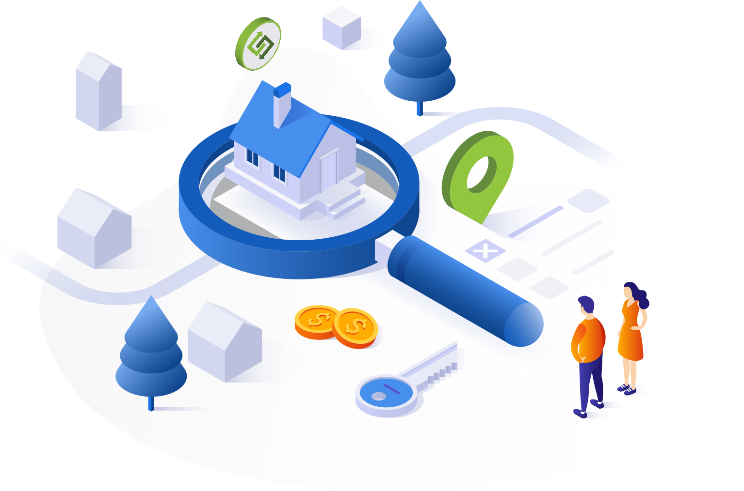 hero shop isometric house computer shop lead search