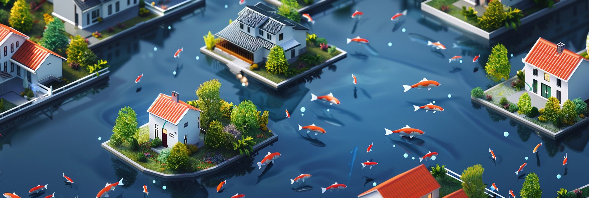 real estate dashboard screen with a digital pond visual showing live activity, fish swimming only in high-turnover neighborhoods